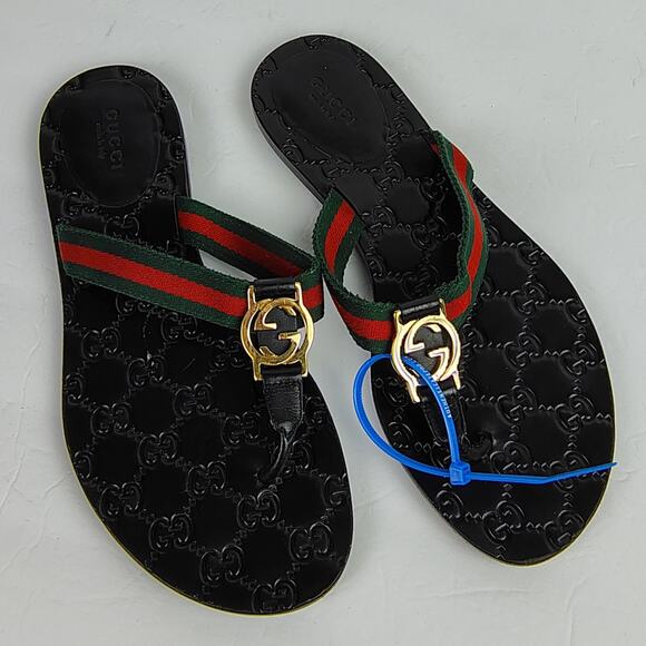 Gucci Interlocking GG Thong Sandal EU 38 Black Leather Flat Flip Flop Slide - Picture 14 of 15